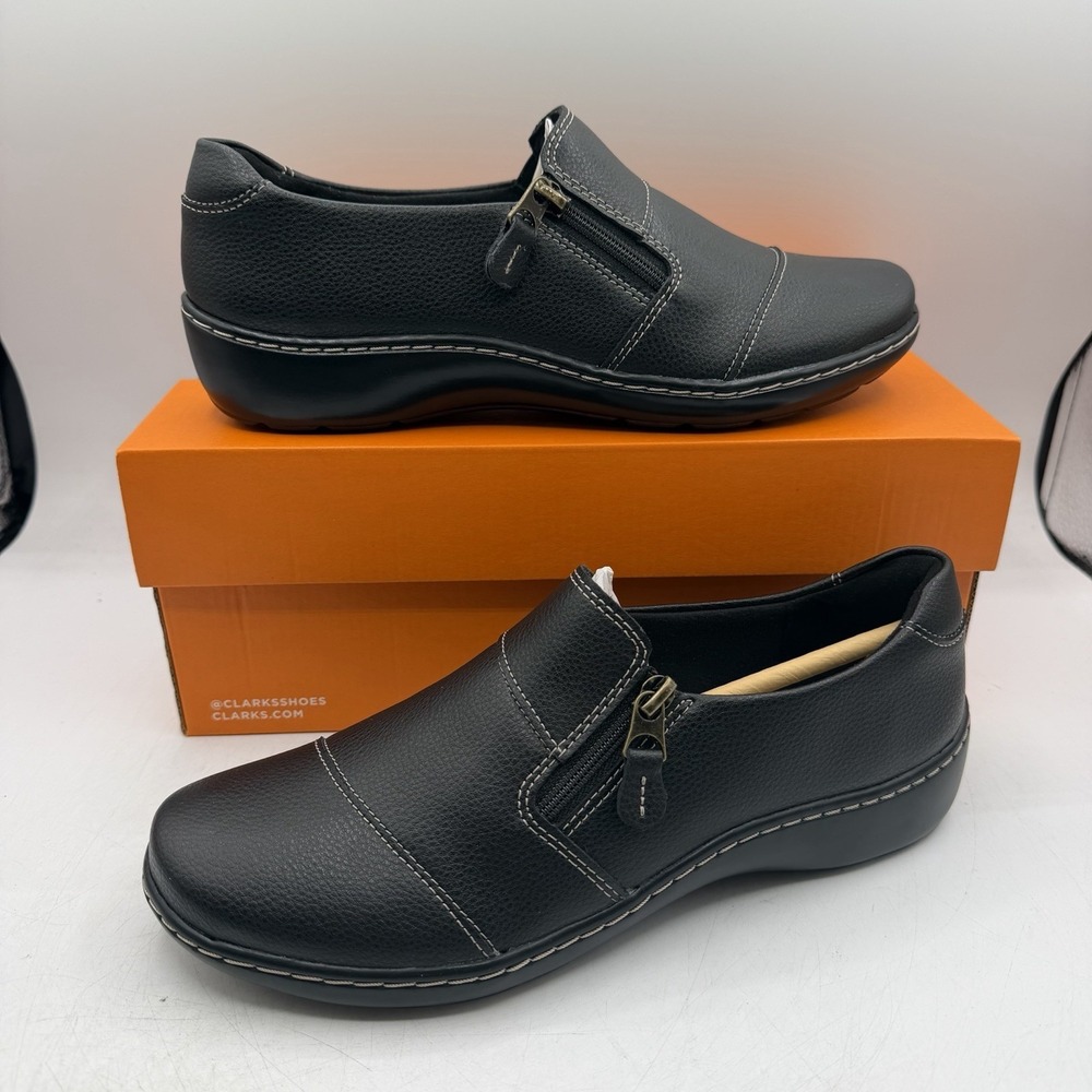Clarks Cora Harbor Shoes Womens Sz 8.5 M Black Leather Slip On Comfort Zip